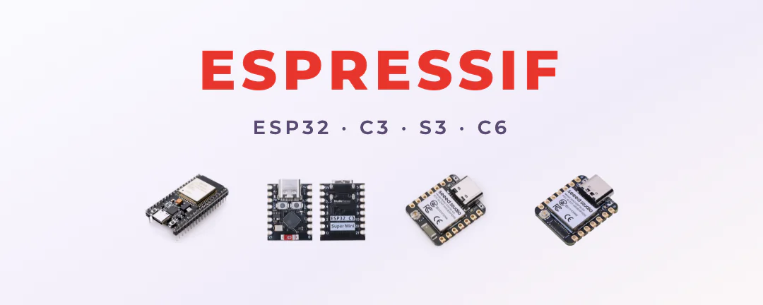 Placas con chip Espressif sobre una mesa de trabajo: DevKit ESP32, NodeMCU ESP8266, ESP32 C3 Super Mini y una placa con pantalla táctil