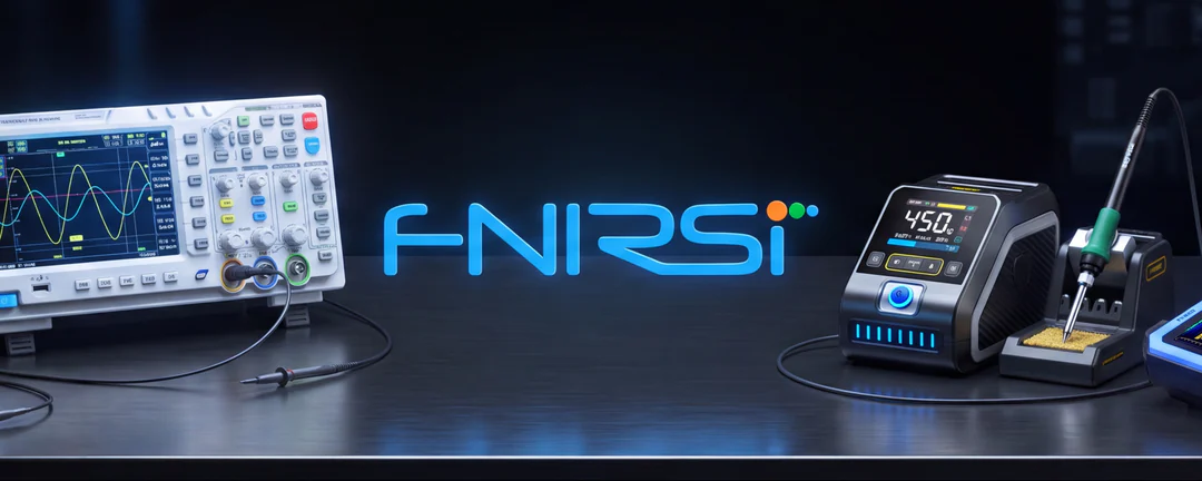 Set de instrumentos FNIRSI sobre una mesa de trabajo: osciloscopio portátil, multímetro digital y cautín inalámbrico
